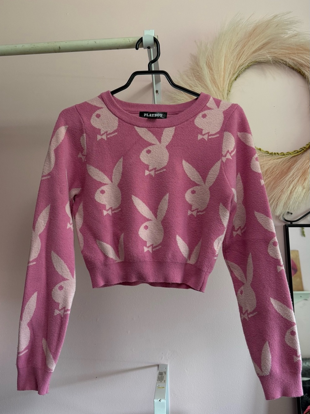 PLAYBOY Y2K Pink Bunny-Pattern Soft Cropped Crew Sweater